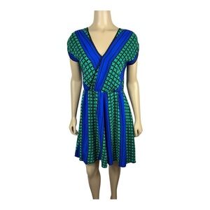 Amanda Uprichard Sz M Silk Mini Dress Blue & Green Print Surplice Front